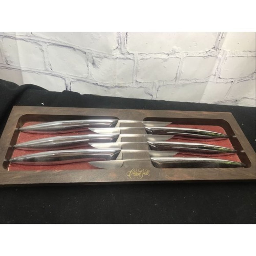 Vintage 6 Carvel Hall Steak Knife Knives Set Mid Century w Holder Marked
